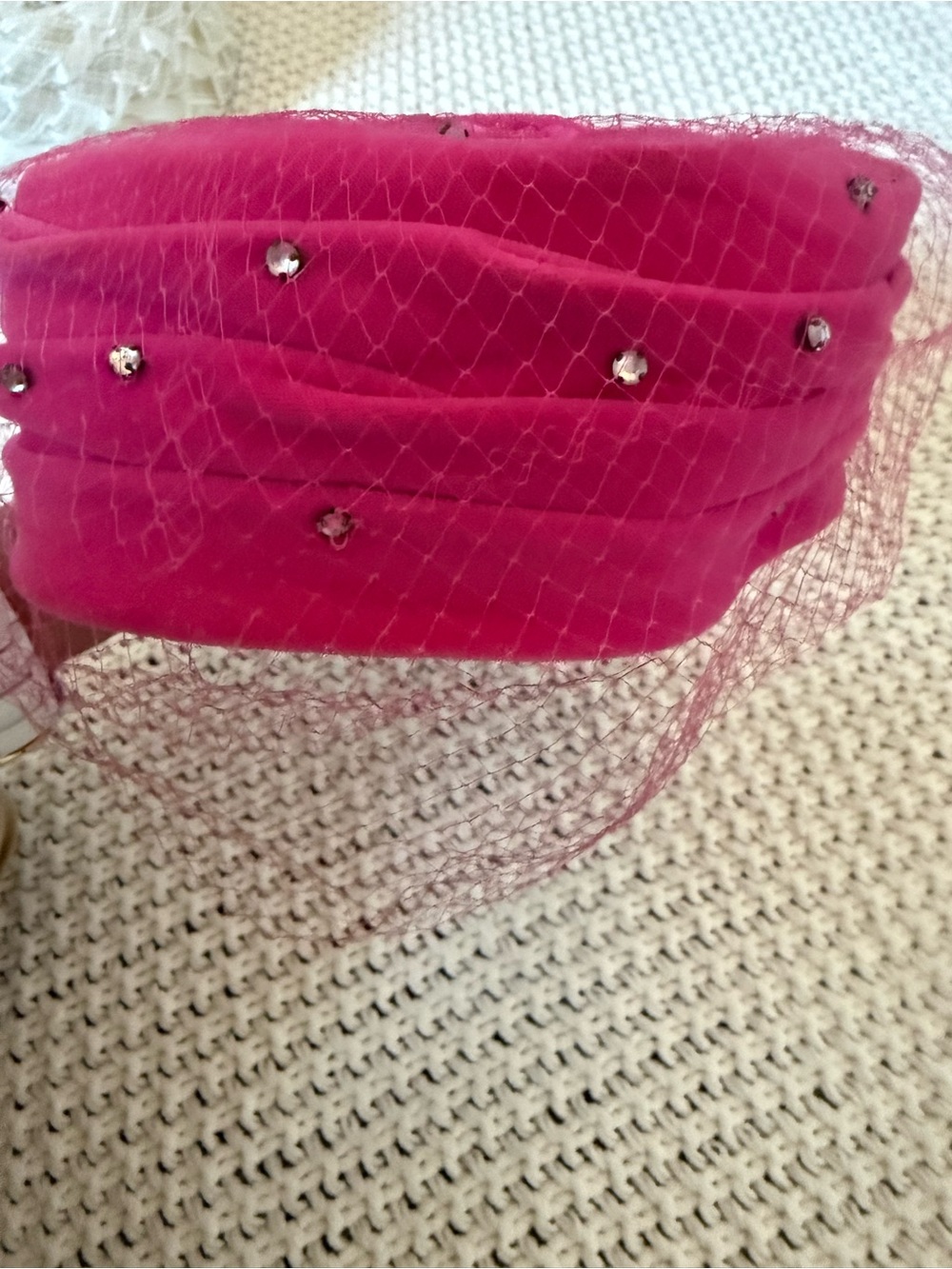Vintage 1950s Maxine Hats Hot Pink Velvet Rhinestone Veil Cocktail Hat USA